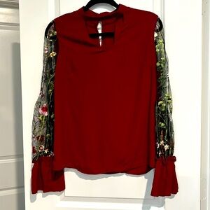 Floral Mesh and Red Long Sleeved Blouse